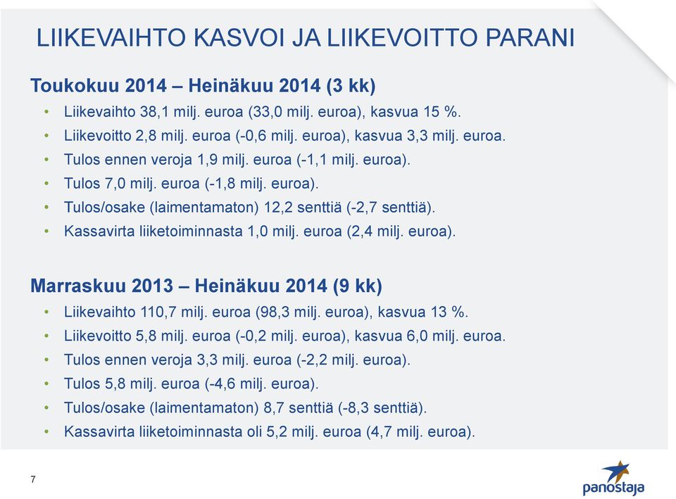 Kassavirta liiketoiminnasta 1,0 milj. euroa (2,4 milj. euroa). Marraskuu 2013 Heinäkuu 2014 (9 kk) Liikevaihto 110,7 milj. euroa (98,3 milj. euroa), kasvua 13 %. Liikevoitto 5,8 milj.