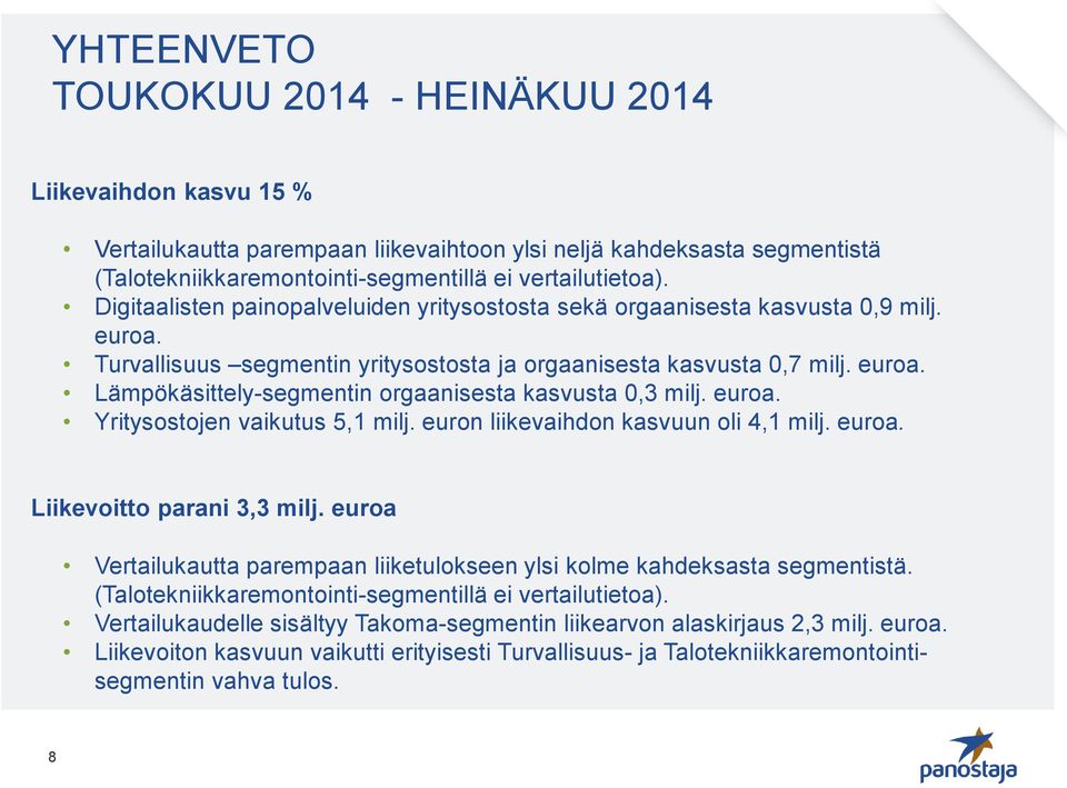 euroa. Yritysostojen vaikutus 5,1 milj. euron liikevaihdon kasvuun oli 4,1 milj. euroa. Liikevoitto parani 3,3 milj. euroa Vertailukautta parempaan liiketulokseen ylsi kolme kahdeksasta segmentistä.