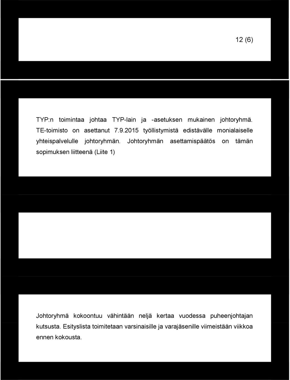 Johtoryhmän asettamispäätös on tämän sopimuksen liitteenä (Liite 1) Johtoryhmä kokoontuu vähintään