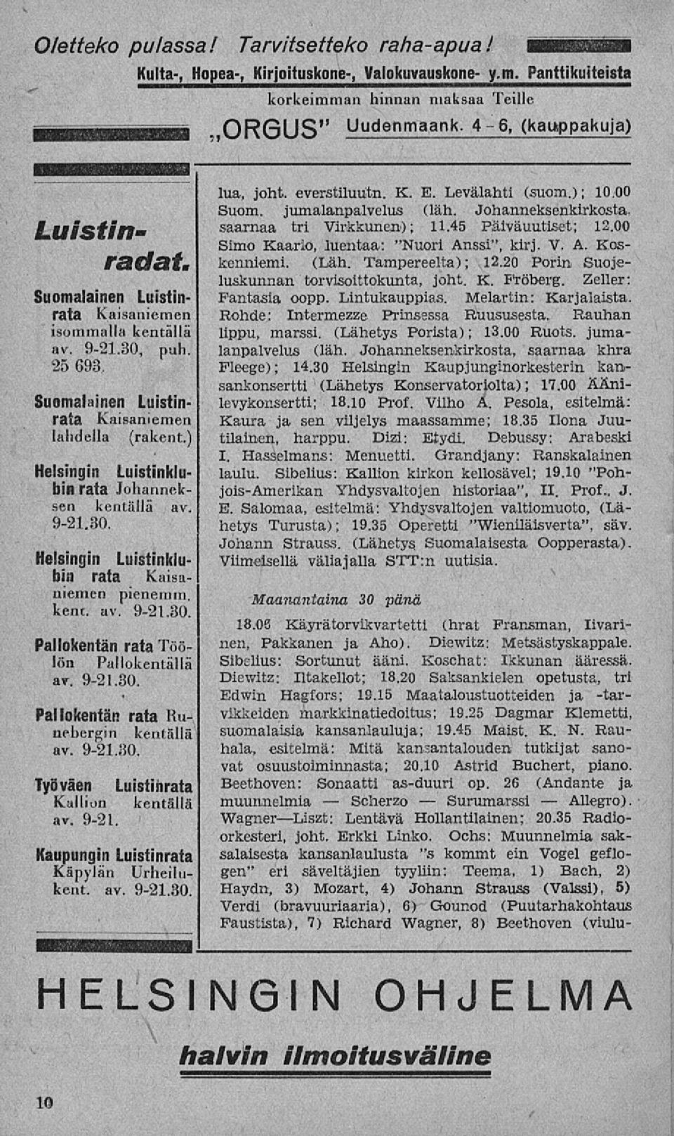 ) Helsingin Luistinklubin rata Johanneksen kentällä av. 921.30. Helsingin Luistinklubiil rata Kaisaniemen pienemm. kent. av. 921.30. Pallokentän rata Töölön Pallokentällä av. 921.30. Työväen Luistinrata Kallion kentällä av.