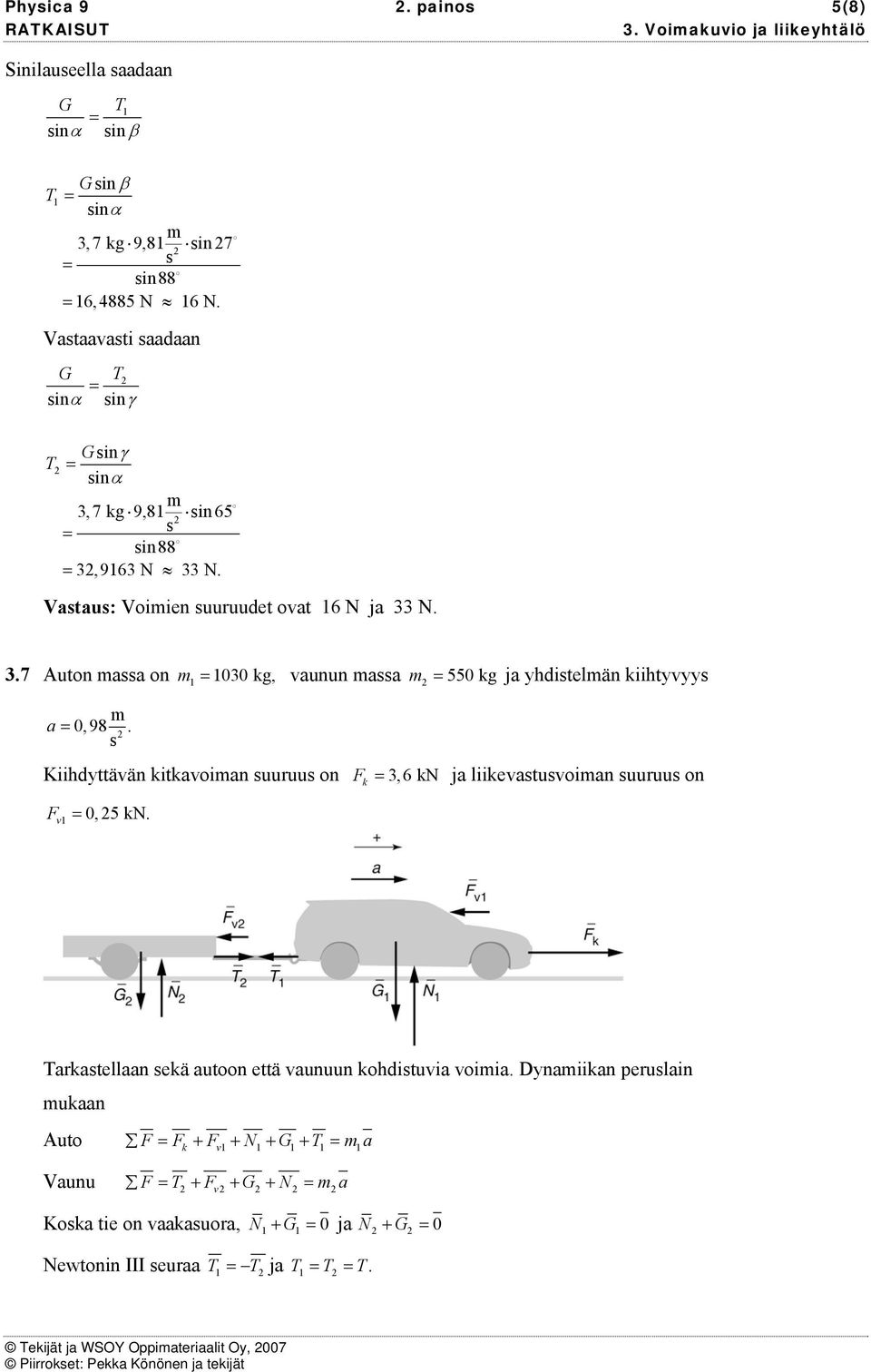 Kiihdyttävän kitkavoian uuruu on 3, 6 kn ja liikevatuvoian uuruu on k v 0, 5 kn. Tarkatellaan ekä autoon että vaunuun kohdituvia voiia.