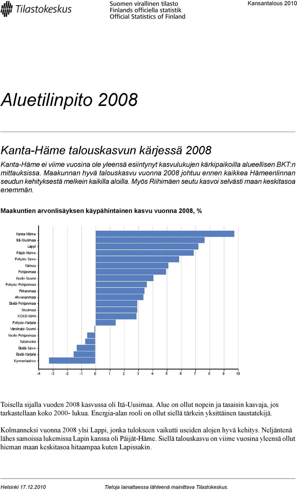 Maakuntien arvonlisäyksen käypähintainen kasvu vuonna 2008, % Toisella sijalla vuoden 2008 kasvussa oli Itä-Uusimaa. Alue on ollut nopein ja tasaisin kasvaja, jos tarkastellaan koko 2000- lukua.