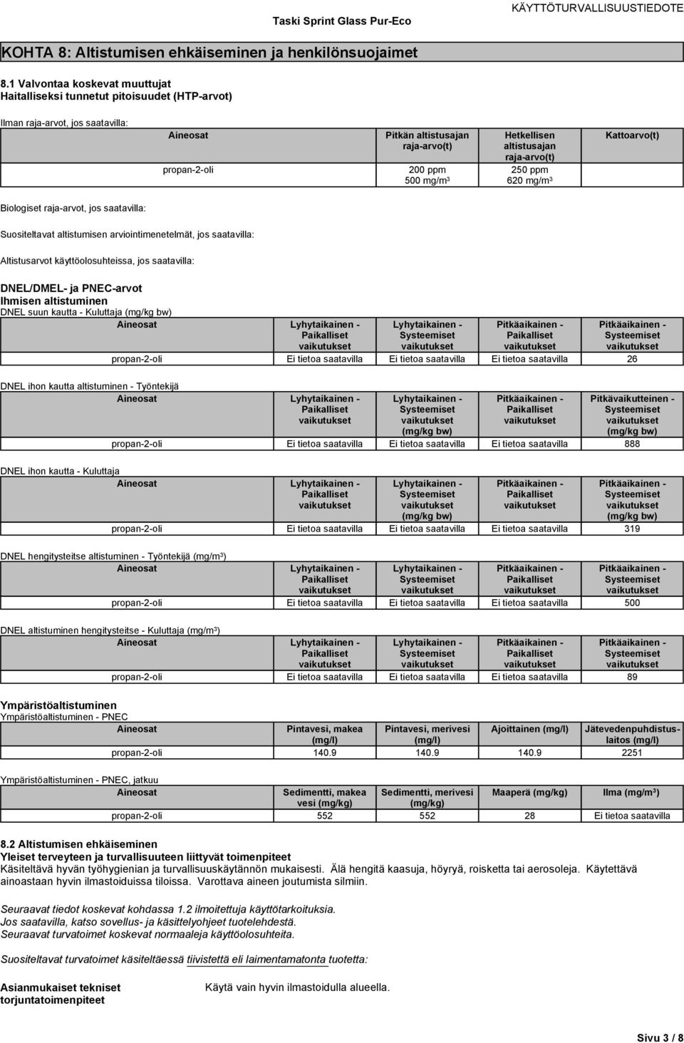 mg/m 3 Kattoarvo(t) Biologiset raja-arvot, jos : Suositeltavat altistumisen arviointimenetelmät, jos : Altistusarvot käyttöolosuhteissa, jos : DNEL/DMEL- ja PNEC-arvot Ihmisen altistuminen DNEL suun