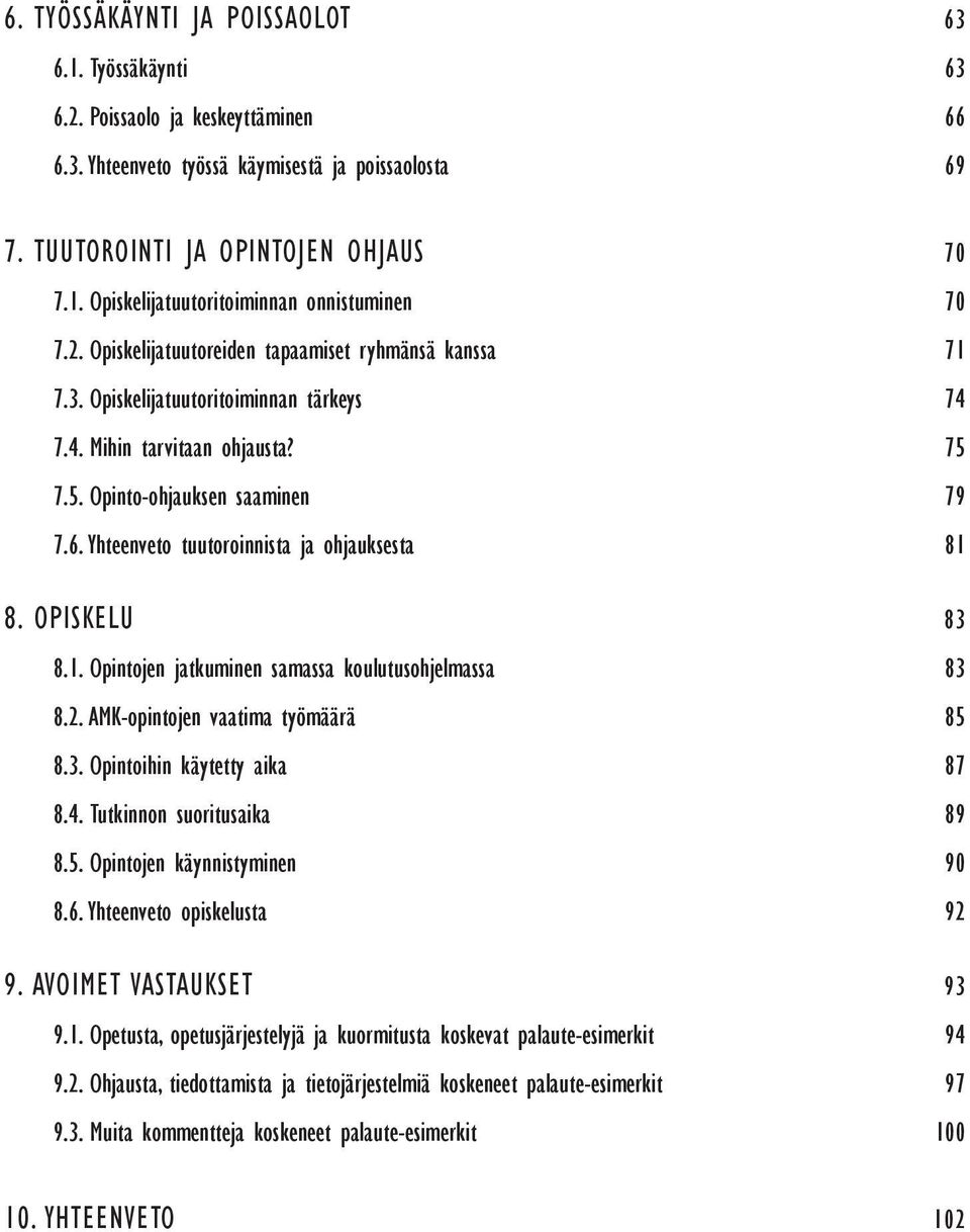 Yhteenveto tuutoroinnista ja ohjauksesta 81 8. OPISKELU 83 8.1. Opintojen jatkuminen samassa koulutusohjelmassa 83 8.2. AMK-opintojen vaatima työmäärä 85 8.3. Opintoihin käytetty aika 87 8.4.