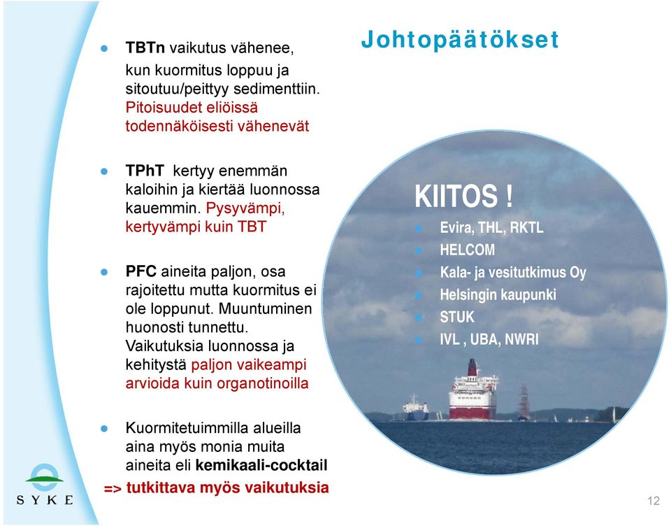 Pysyvämpi, kertyvämpi kuin TBT PFC aineita paljon, osa rajoitettu mutta kuormitus ei ole loppunut. Muuntuminen huonosti tunnettu.