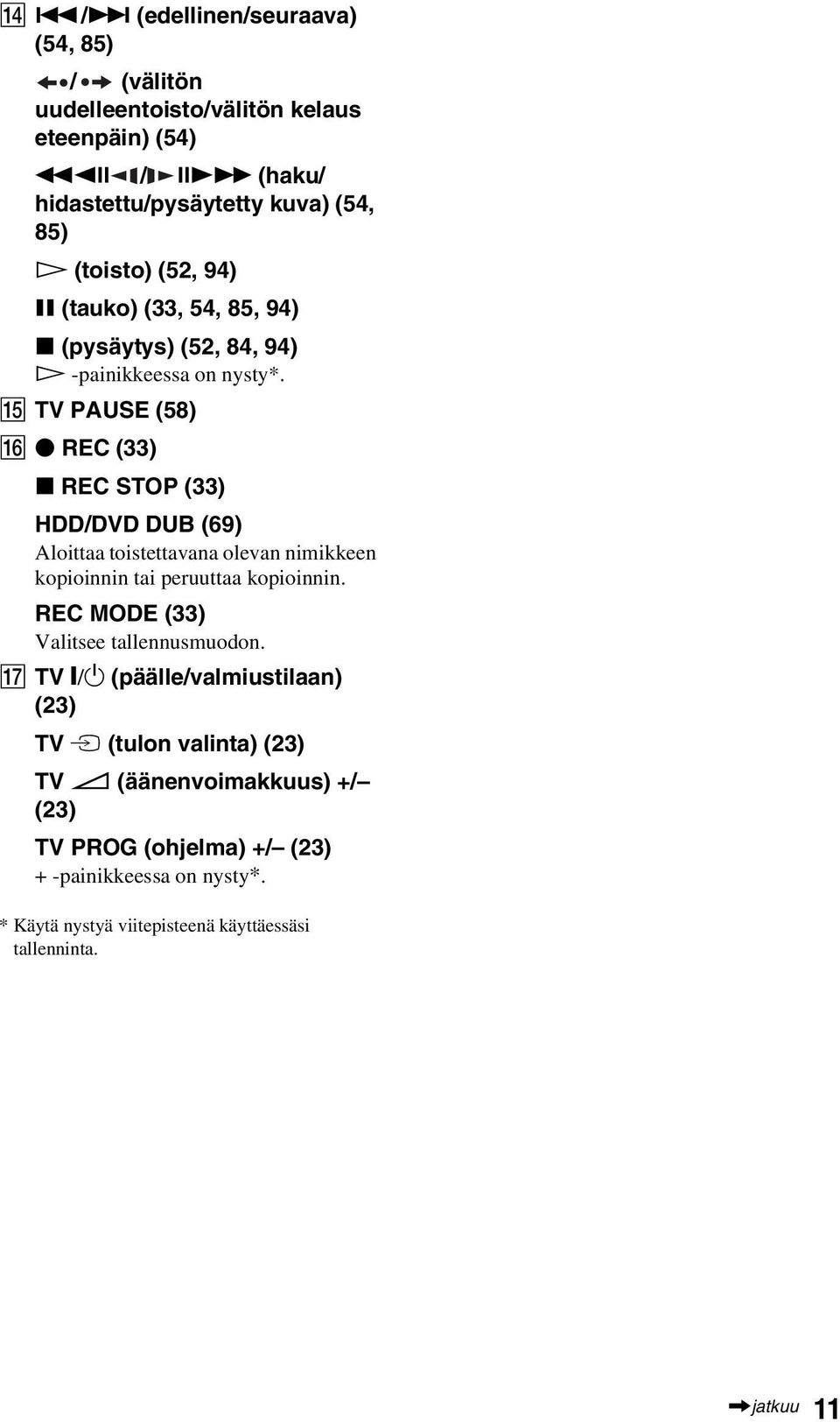 O TV PAUSE (58) P z REC (33) x REC STOP (33) HDD/DVD DUB (69) Aloittaa toistettavana olevan nimikkeen kopioinnin tai peruuttaa kopioinnin.