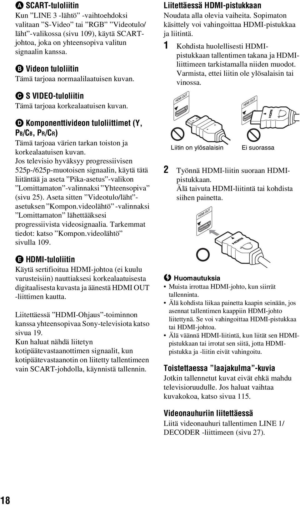 D Komponenttivideon tuloliittimet (Y, PB/CB, PR/CR) Tämä tarjoaa värien tarkan toiston ja korkealaatuisen kuvan.