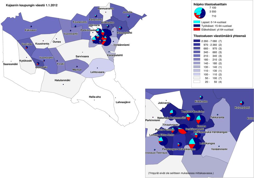 Hatulanmäki Hannusranta Jormua Venäänniemi Karankalahti Ikäjako tilastoalueittain 7 100 3 550 710 Lapset: 0-14-vuotiaat Työikäiset: 15-64-vuotiaat Eläkeikäiset: yli 64-vuotiaat Tilastoalueen