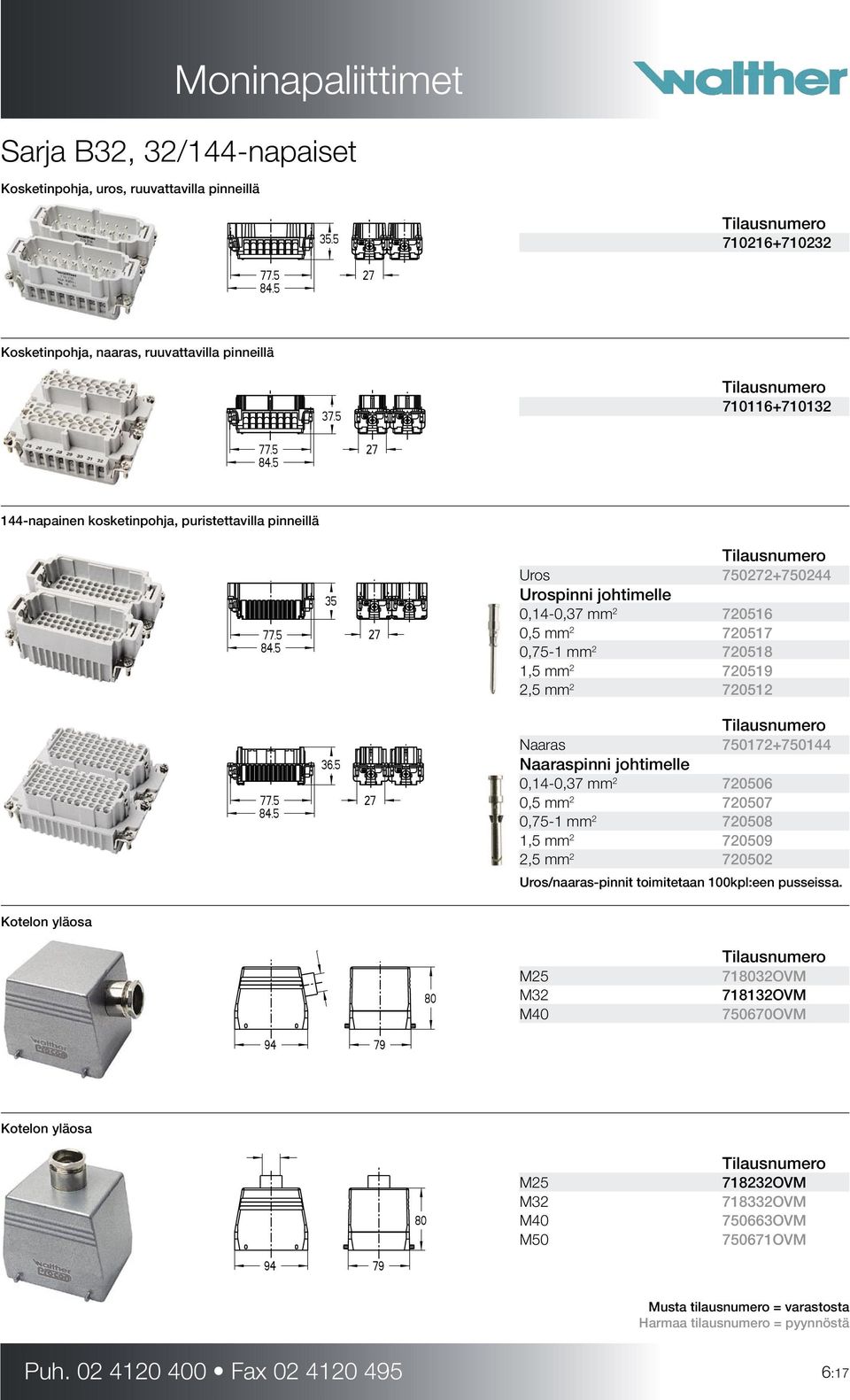 720512 Naaras 750172+750144 Naaraspinni johtimelle 0,14-0,37 mm 2 720506 0,5 mm 2 720507 0,75-1 mm 2 720508 1,5 mm 2 720509 2,5 mm 2 720502 Uros/naaras-pinnit