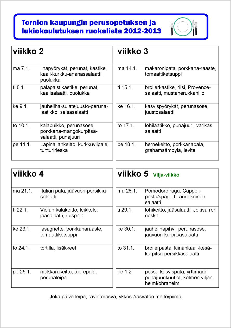 1. jää, ruispala ti 29.1. lohikeitto, jää, Jokivarren rieska ke 23.1. ke 30.1. jäävuori-kurpitsa to 24.1. tortilla, lisäkkeet to 31.1. broilerpasta, kiinankaali-kesäkurpitsa-persikka pe 25.