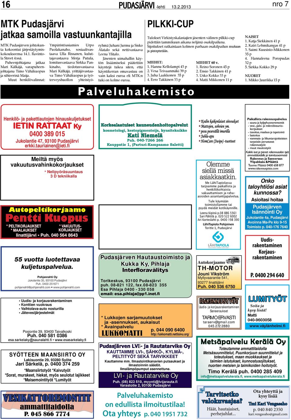 Muut henkilövalinnat: Ympäristöasiamies Urpo Puolakanaho, sosiaalivastaava Ulla Rissanen, kuluttajavastaava Merja Putula, lomitusvastaava Sirkka Pankinaho, tiedotusvastaava Mari Kälkäjä,