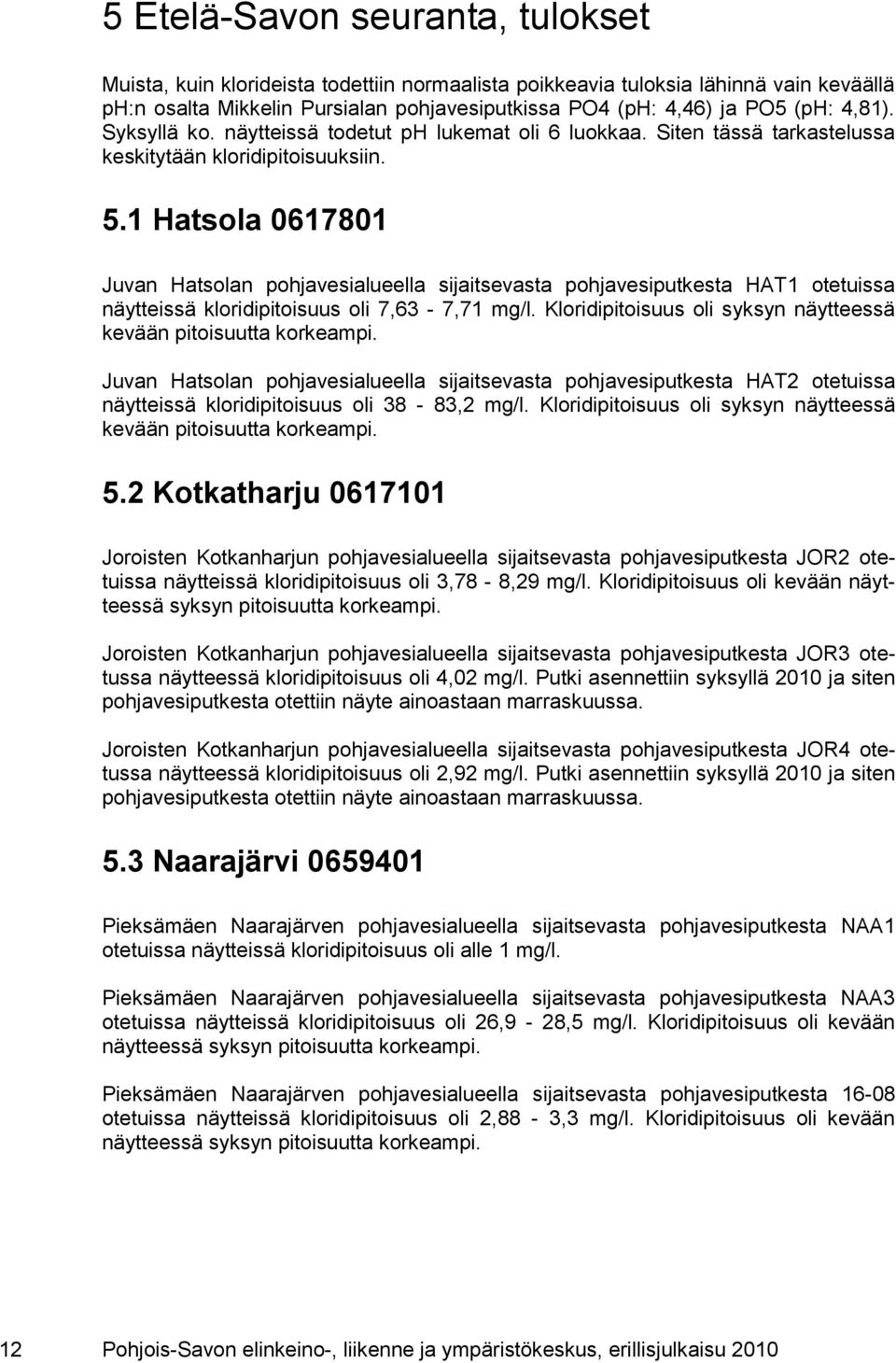 1 Hatsola 0617801 Juvan Hatsolan pohjavesialueella sijaitsevasta pohjavesiputkesta HAT1 otetuissa näytteissä kloridipitoisuus oli 7,63-7,71 mg/l.