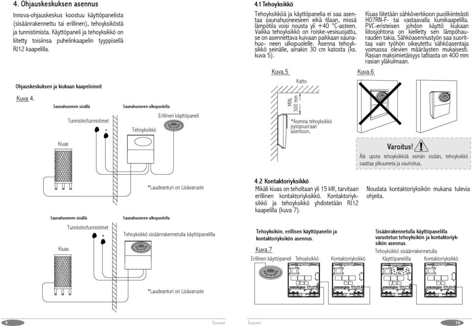 Ohjauskeskuksen ja kiukaan kaapeloinnit Kuva Saunahuoneen sisällä Kiuas Tunnistin/tunnistimet Saunahuoneen ulkopuolella Tehoyksikkö Erillinen käyttöpaneli 1 Tehoyksikkö Tehoyksikköä ja käyttöpanelia