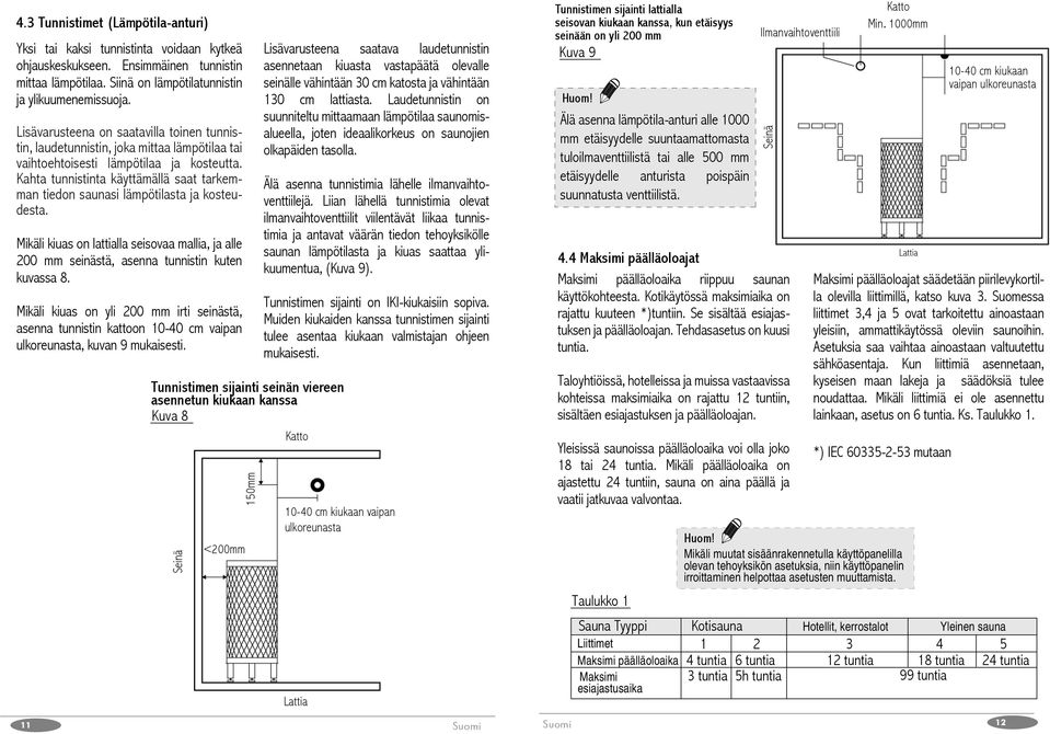 Kahta tunnistinta käyttämällä saat tarkemman tiedon saunasi lämpötilasta ja kosteudesta. Mikäli kiuas on lattialla seisovaa mallia, ja alle 200 mm seinästä, asenna tunnistin kuten kuvassa 8.