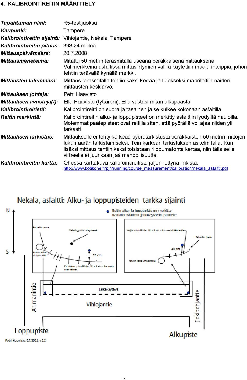 Välimerkkeinä asfaltissa mittasiirtymien välillä käytettiin maalarinteippiä, johon tehtiin terävällä kynällä merkki.