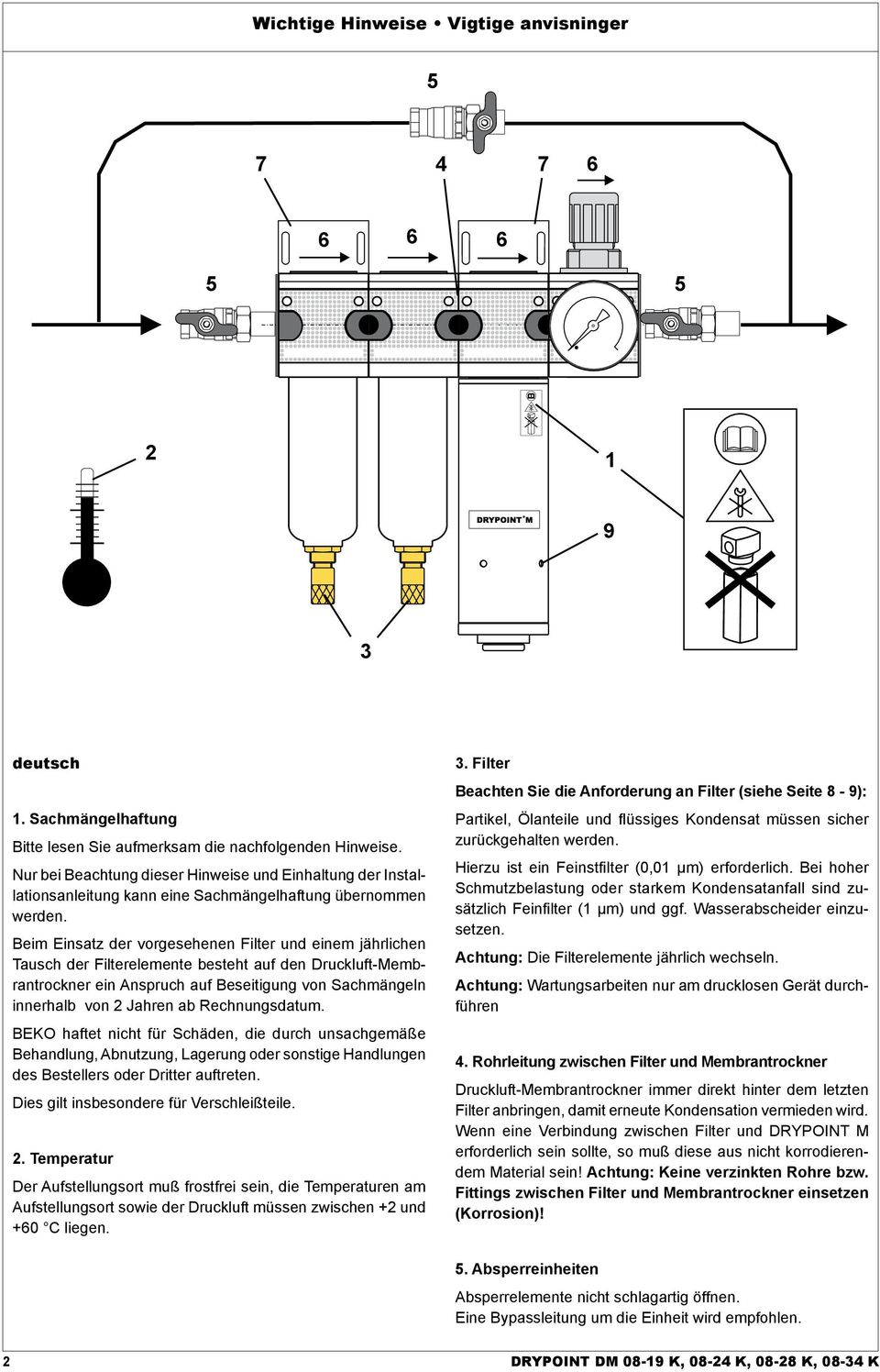 Beim Einsatz der vorgesehenen Filter und einem jährlichen Tausch der Filterelemente besteht auf den Druckluft-Membrantrockner ein Anspruch auf Beseitigung von Sachmängeln innerhalb von 2 Jahren ab