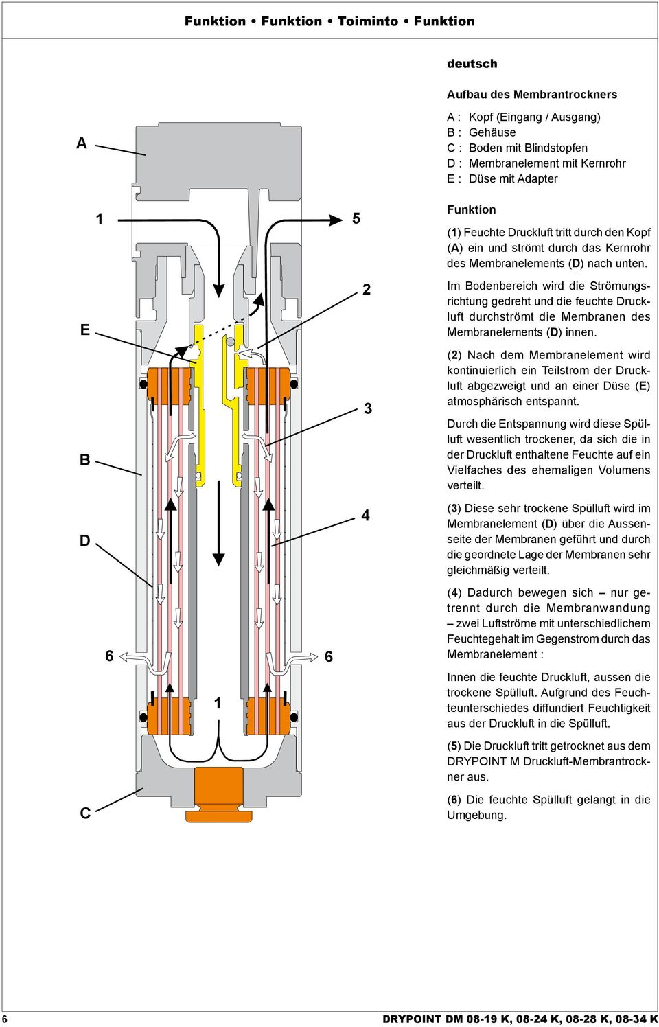 Im Bodenbereich wird die Strömungsrichtung gedreht und die feuchte Druckluft durchströmt die Membranen des Membranelements (D) innen.