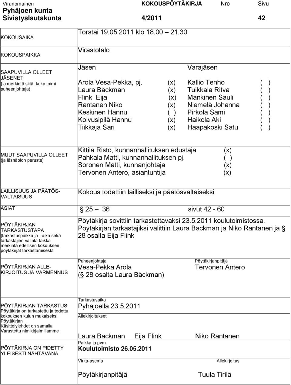 (x) Kallio Tenho ( ) Laura Bäckman (x) Tuikkala Ritva ( ) Flink Eija (x) Mankinen Sauli ( ) Rantanen Niko (x) Niemelä Johanna ( ) Keskinen Hannu ( ) Pirkola Sami ( ) Koivusipilä Hannu (x) Haikola Aki