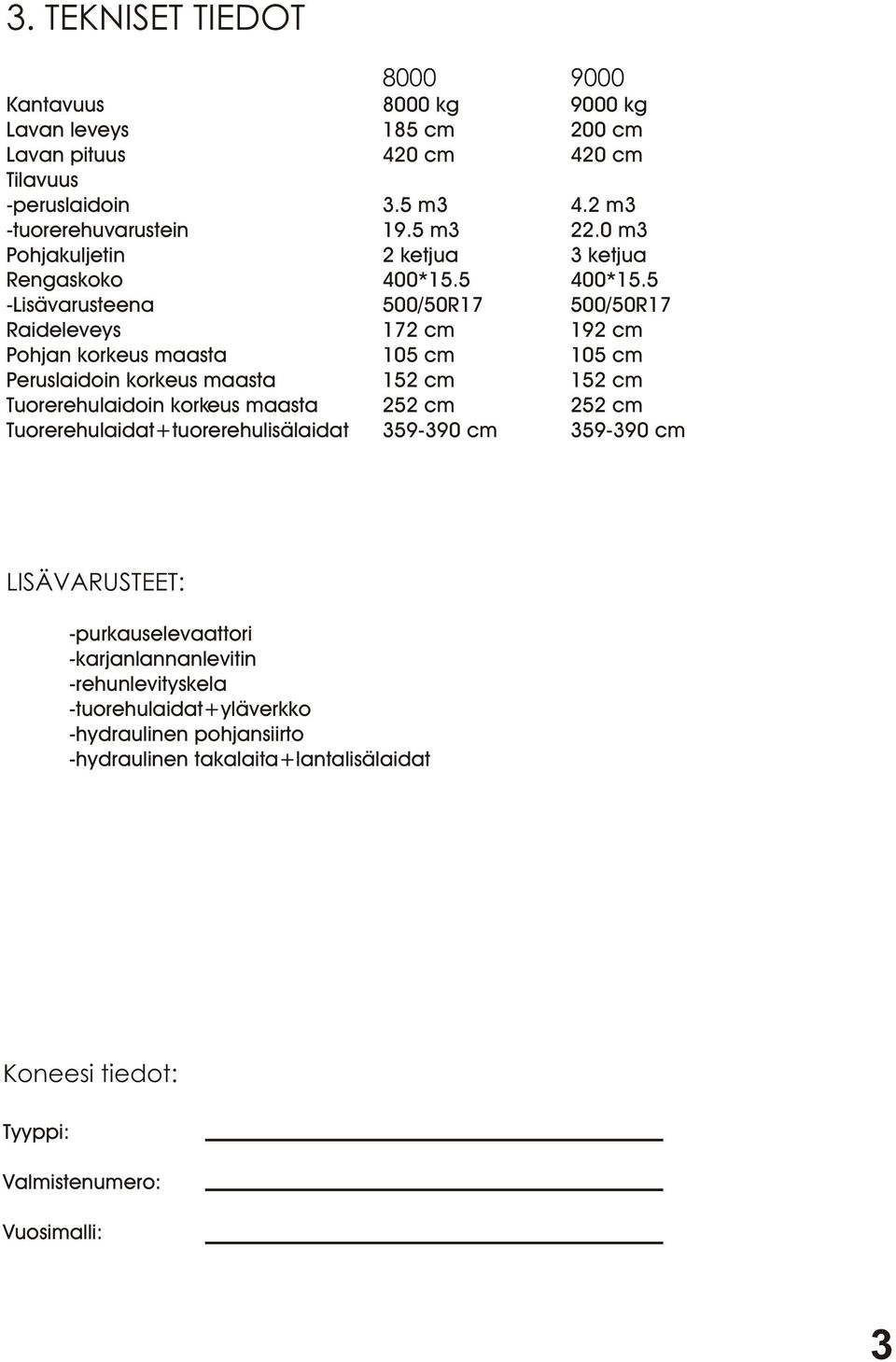 5 -Lisävarusteena 500/50R17 500/50R17 Raideleveys 172 cm 192 cm Pohjan korkeus maasta 105 cm 105 cm Peruslaidoin korkeus maasta 152 cm 152 cm Tuorerehulaidoin korkeus maasta