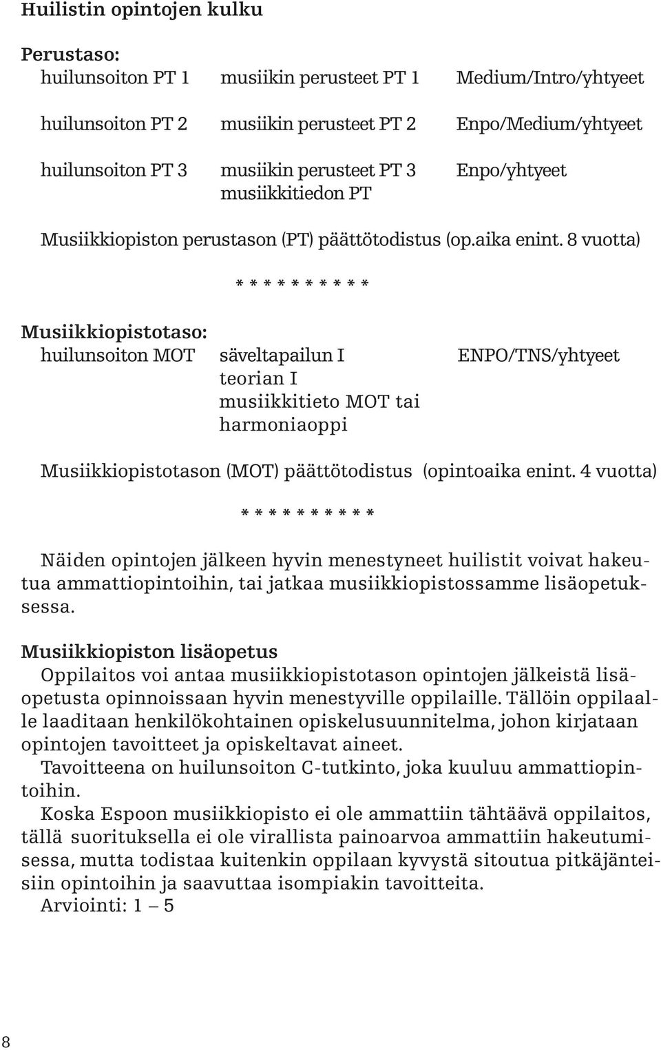 8 vuotta) * * * * * * * * * * Musiikkiopistotaso: huilunsoiton MOT säveltapailun I ENPO/TNS/yhtyeet teorian I musiikkitieto MOT tai harmoniaoppi Musiikkiopistotason (MOT) päättötodistus (opintoaika