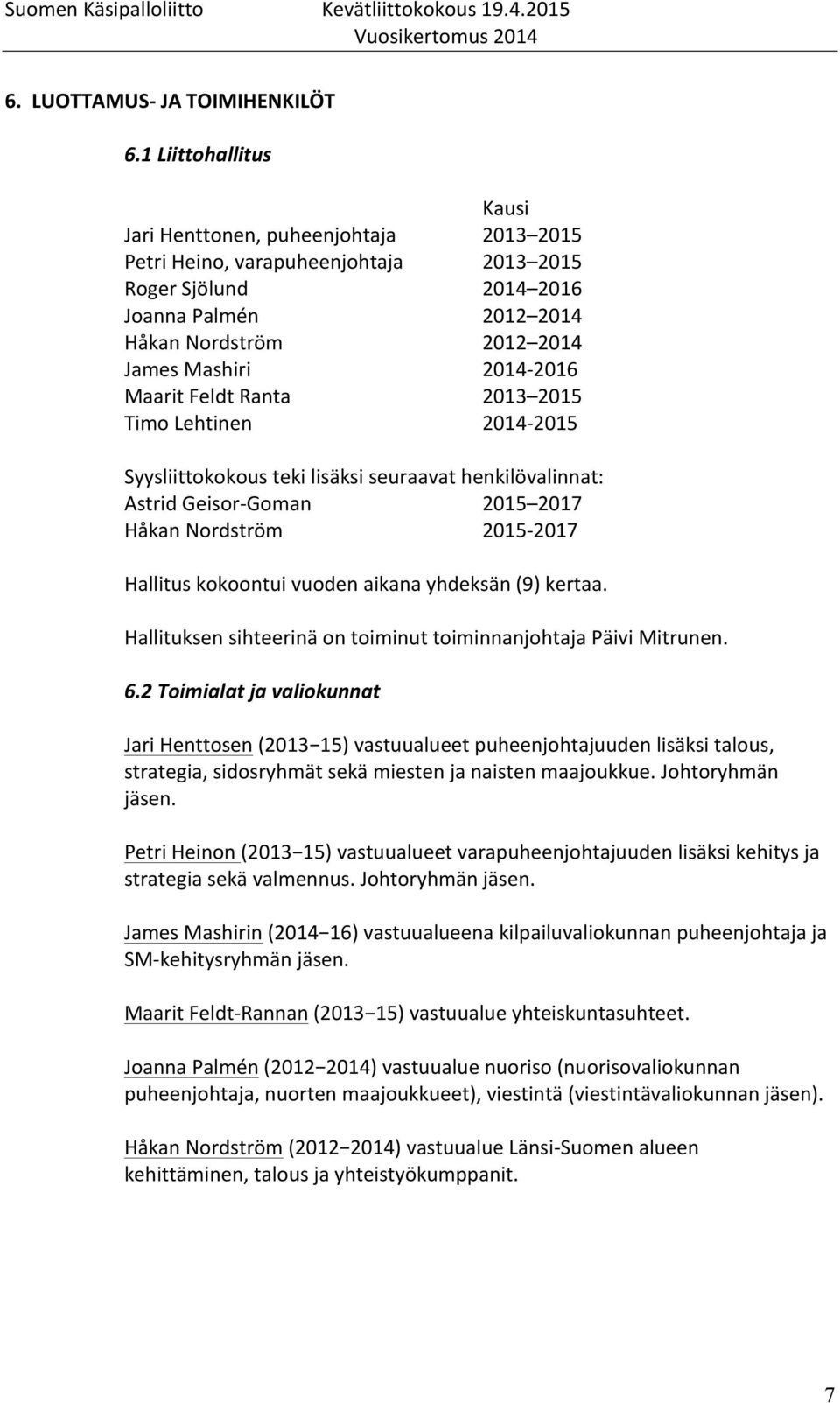 2016 2012 2014 2012 2014 2014-2016 2013 2015 2014-2015 Syysliittokokous teki lisäksi seuraavat henkilövalinnat: Astrid Geisor- Goman 2015 2017 Håkan Nordström 2015-2017 Hallitus kokoontui vuoden