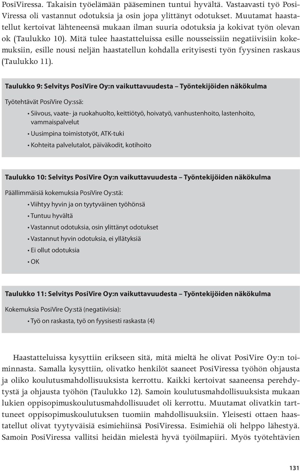 Mitä tulee haastatteluissa esille nousseissiin negatiivisiin kokemuksiin, esille nousi neljän haastatellun kohdalla erityisesti työn fyysinen raskaus (Taulukko 11).