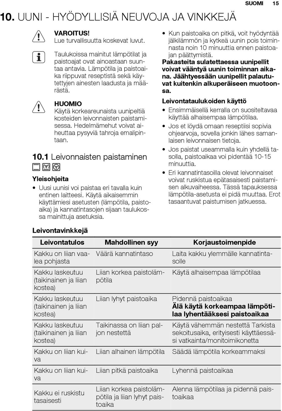 Hedelmämehut voivat aiheuttaa pysyviä tahroja emalipintaan. 10.1 Leivonnaisten paistaminen Yleisohjeita Uusi uunisi voi paistaa eri tavalla kuin entinen laitteesi.