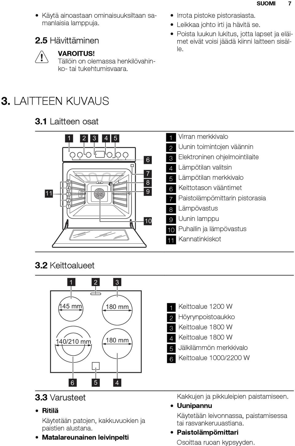 1 Laitteen osat 11 1 5 4 3 2 1 2 3 4 5 6 7 8 9 10 1 Virran merkkivalo 2 Uunin toimintojen väännin 3 Elektroninen ohjelmointilaite 4 Lämpötilan valitsin 5 Lämpötilan merkkivalo 6 Keittotason vääntimet