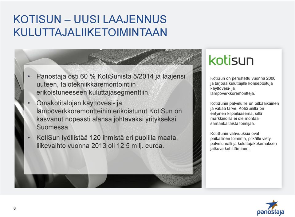 KotiSun työllistää 120 ihmistä eri puolilla maata, liikevaihto vuonna 2013 oli 12,5 milj. euroa.