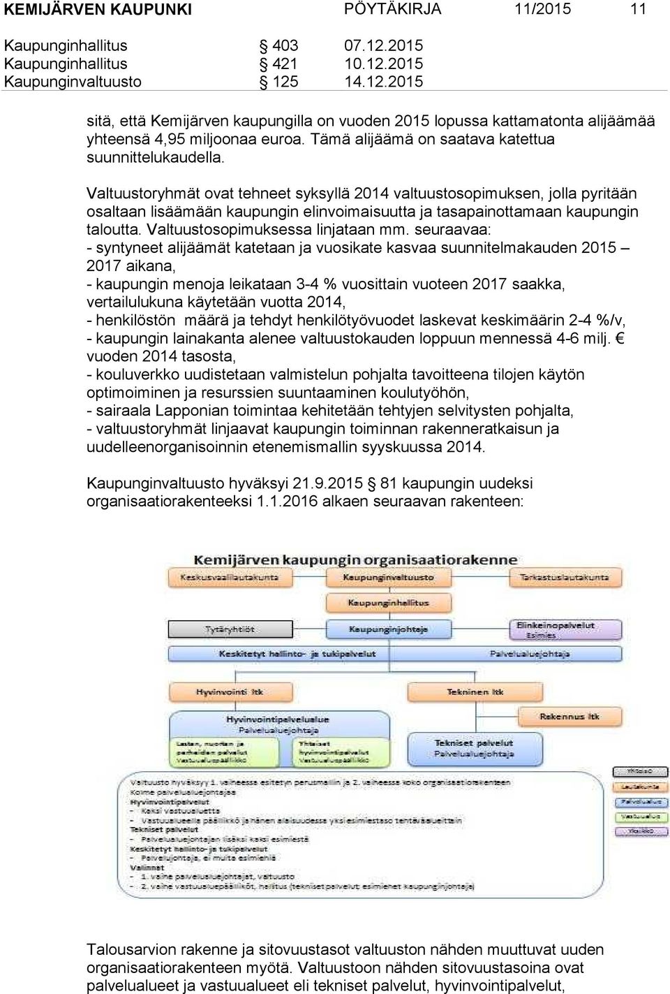 Valtuustoryhmät ovat tehneet syksyllä 2014 valtuustosopimuksen, jolla pyritään osaltaan lisäämään kaupungin elinvoimaisuutta ja tasapainottamaan kaupungin taloutta. Valtuustosopimuksessa linjataan mm.