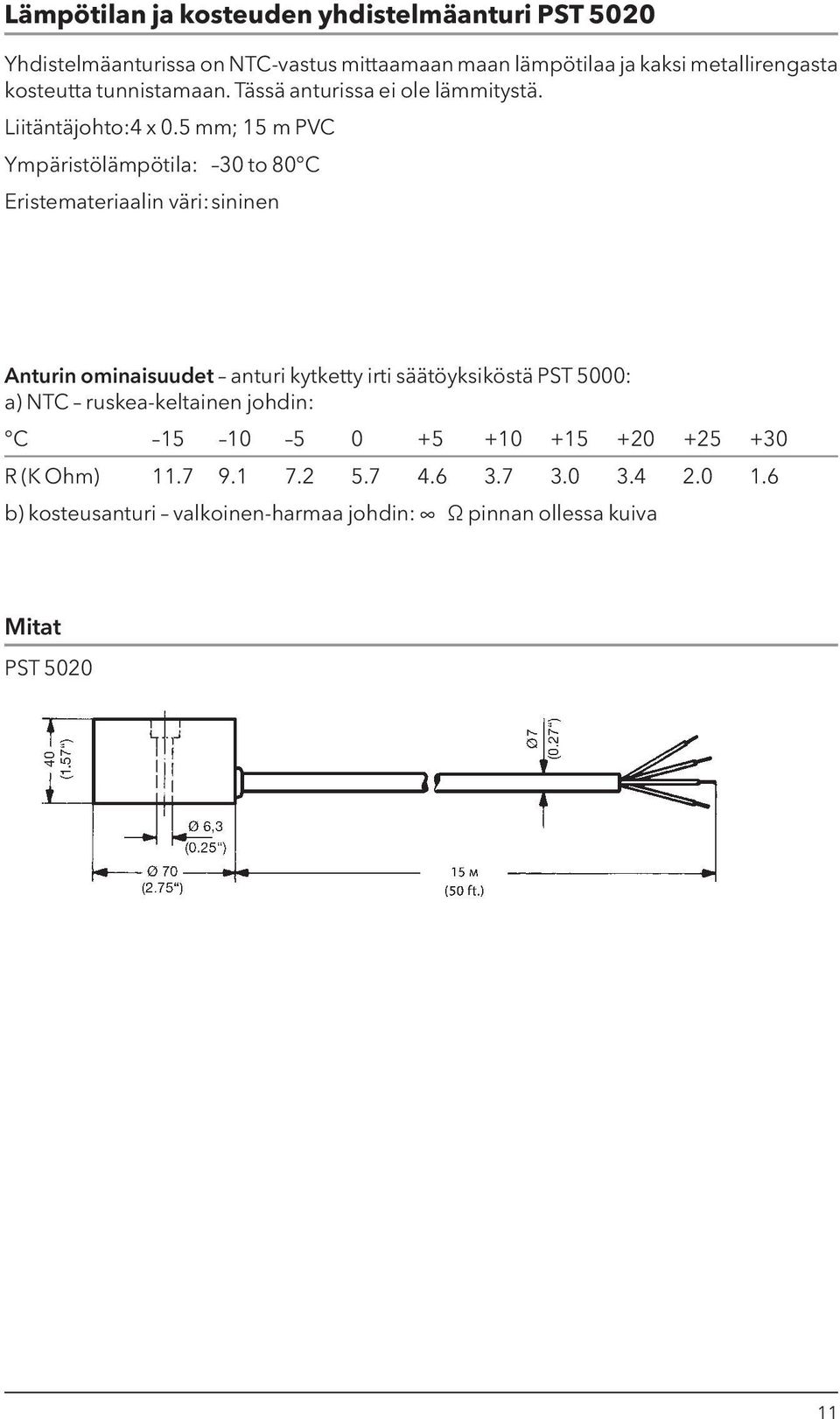 5 mm; 15 m PVC Ympäristölämpötila: 30 to 80 C Eristemateriaalin väri: sininen Anturin ominaisuudet anturi kytketty irti säätöyksiköstä PST