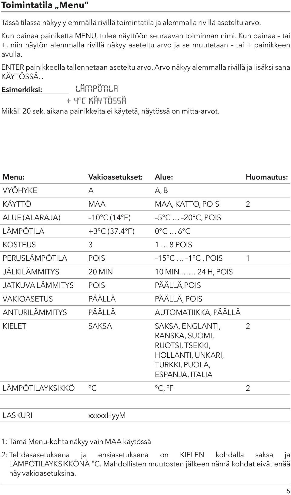 Arvo näkyy alemmalla rivillä ja lisäksi sana KÄYTÖSSÄ.. Esimerkiksi: LÄMPÖTILA + 4 C KÄYTÖSSÄ Mikäli 20 sek. aikana painikkeita ei käytetä, näytössä on mitta-arvot.