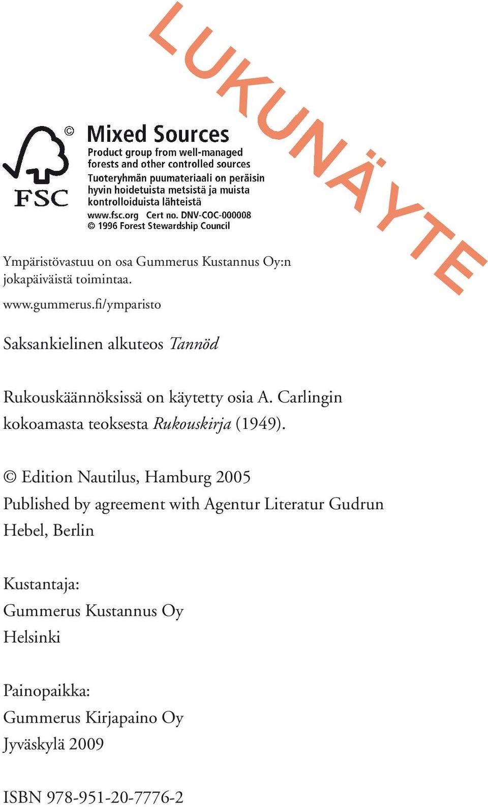 Carlingin kokoamasta teoksesta Rukouskirja (1949).