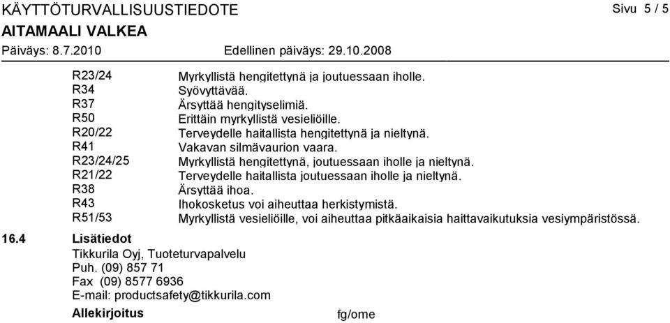 R23/24/25 Myrkyllistä hengitettynä, joutuessaan iholle ja nieltynä. R21/22 Terveydelle haitallista joutuessaan iholle ja nieltynä. R38 Ärsyttää ihoa.