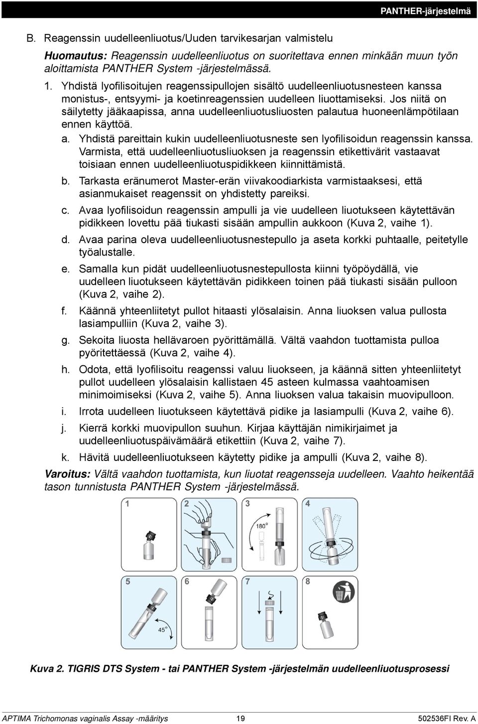 Yhdistä lyofilisoitujen reagenssipullojen sisältö uudelleenliuotusnesteen kanssa monistus-, entsyymi- ja koetinreagenssien uudelleen liuottamiseksi.