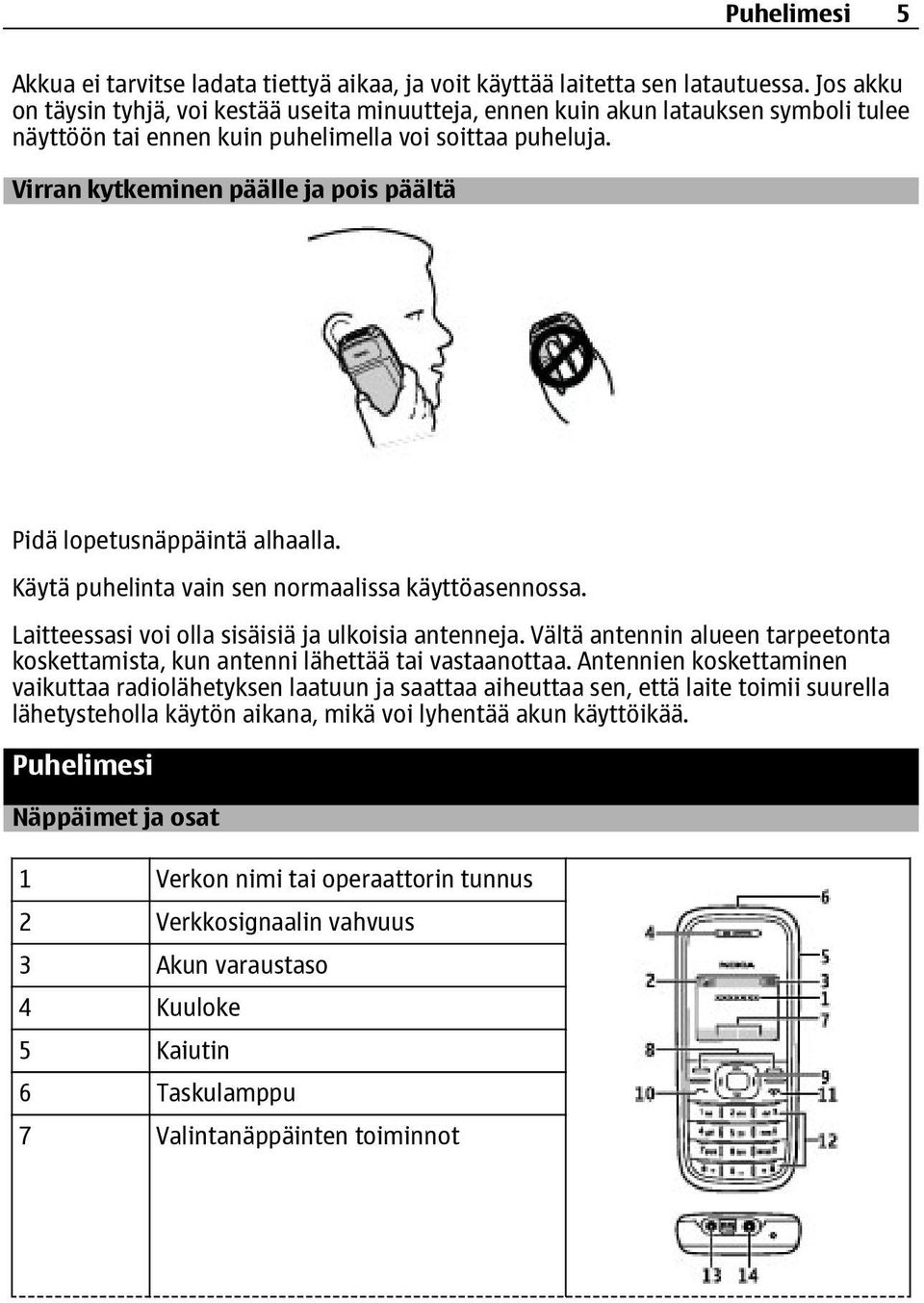 Virran kytkeminen päälle ja pois päältä Pidä lopetusnäppäintä alhaalla. Käytä puhelinta vain sen normaalissa käyttöasennossa. Laitteessasi voi olla sisäisiä ja ulkoisia antenneja.