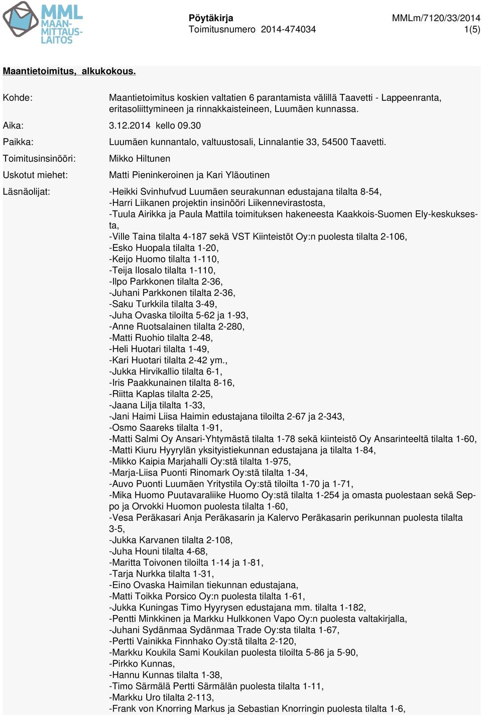 Luumäen kunnantalo, valtuustosali, Linnalantie 33, 54500 Taavetti.