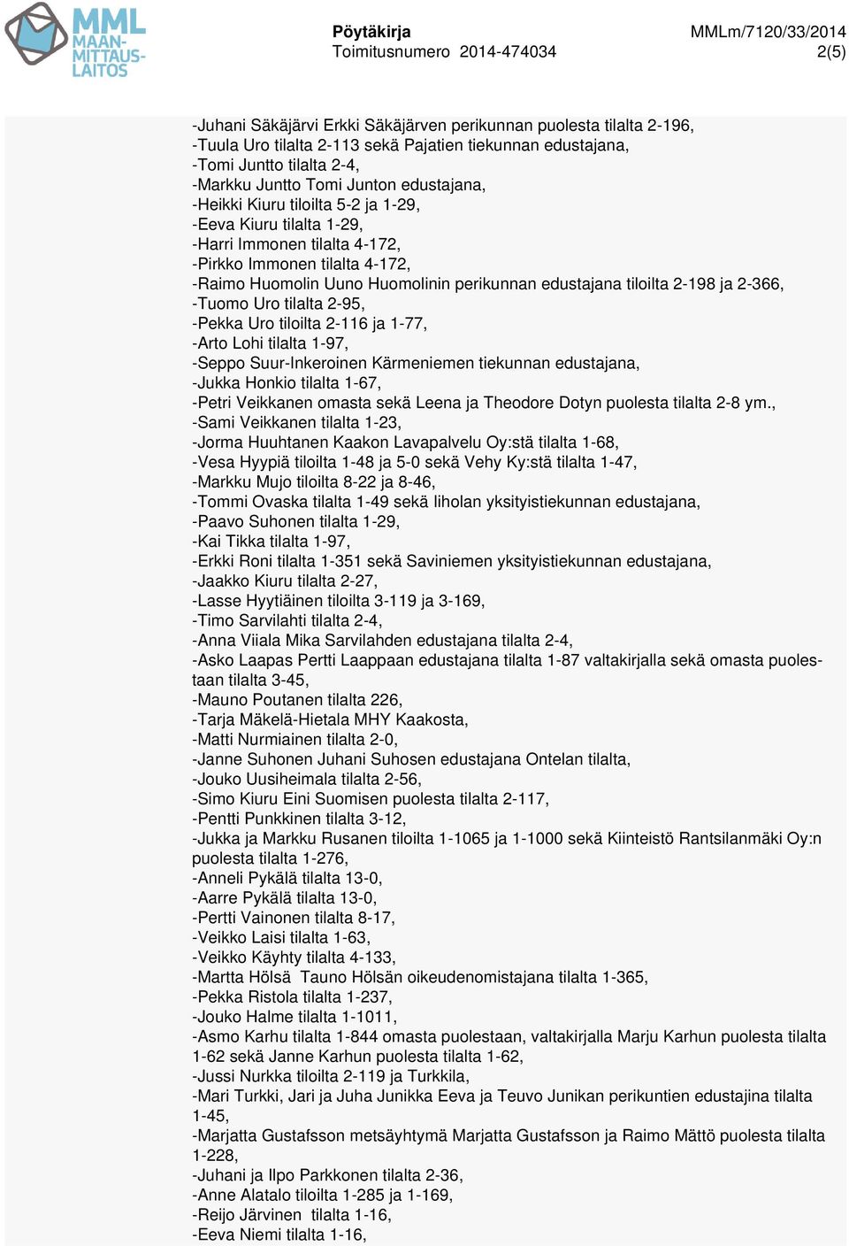 edustajana tiloilta 2-198 ja 2-366, -Tuomo Uro tilalta 2-95, -Pekka Uro tiloilta 2-116 ja 1-77, -Arto Lohi tilalta 1-97, -Seppo Suur-Inkeroinen Kärmeniemen tiekunnan edustajana, -Jukka Honkio tilalta