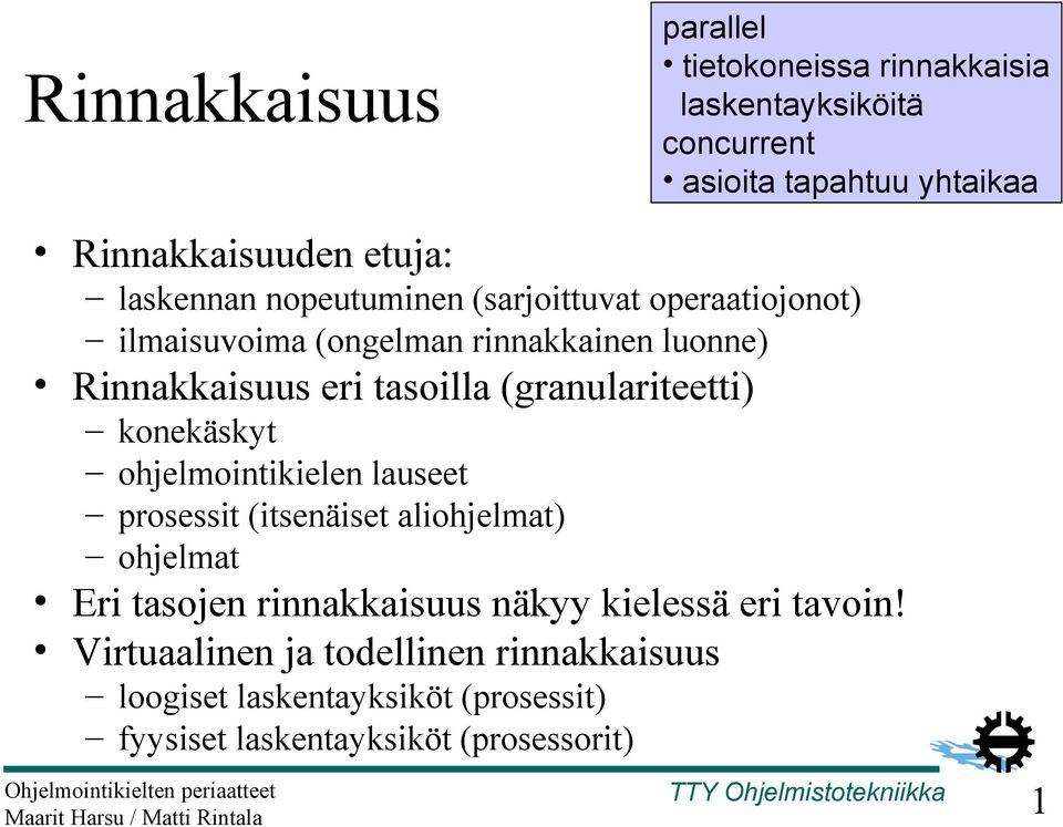 (granulariteetti) konekäskyt ohjelmointikielen lauseet prosessit (itsenäiset aliohjelmat) ohjelmat Eri tasojen rinnakkaisuus näkyy
