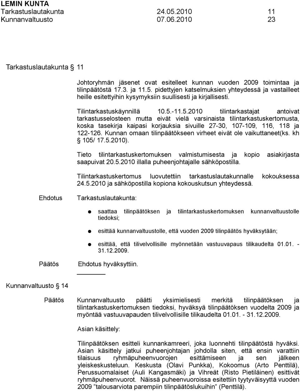 -11.5.2010 tilintarkastajat antoivat tarkastusselosteen mutta eivät vielä varsinaista tilintarkastuskertomusta, koska tasekirja kaipasi korjauksia sivuille 27-30, 107-109, 116, 118 ja 122-126.