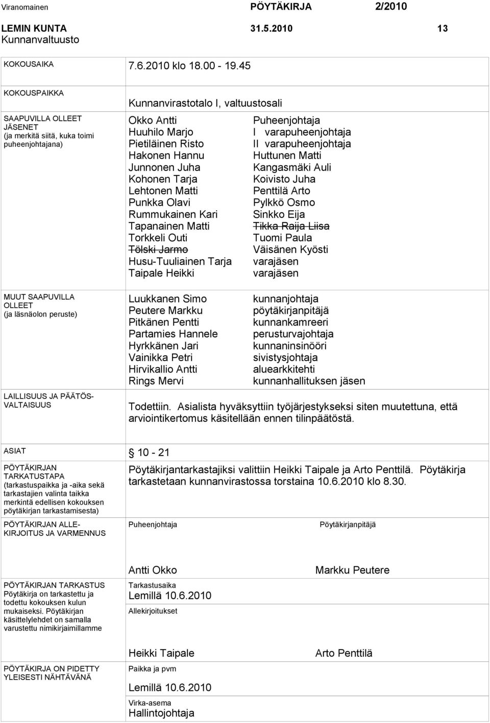 valtuustosali Okko Antti Huuhilo Marjo Pietiläinen Risto Hakonen Hannu Junnonen Juha Kohonen Tarja Lehtonen Matti Punkka Olavi Rummukainen Kari Tapanainen Matti Torkkeli Outi Tölski Jarmo