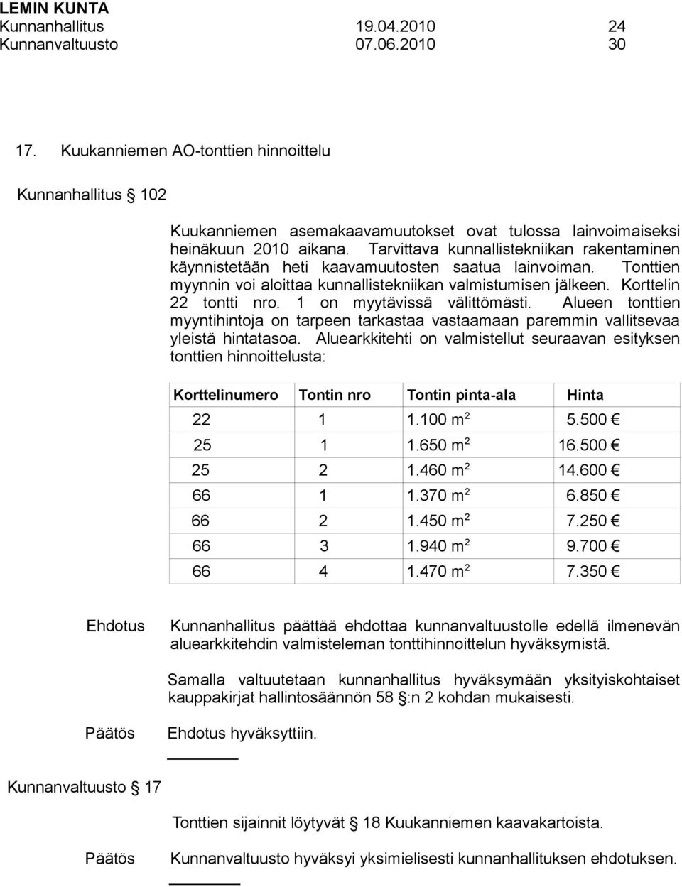 Tarvittava kunnallistekniikan rakentaminen käynnistetään heti kaavamuutosten saatua lainvoiman. Tonttien myynnin voi aloittaa kunnallistekniikan valmistumisen jälkeen. Korttelin 22 tontti nro.