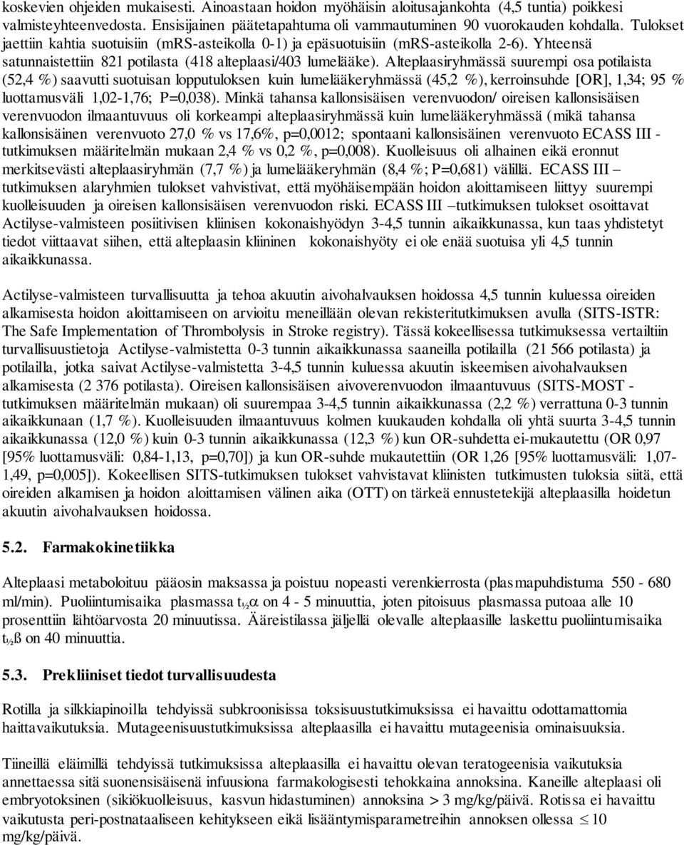 Alteplaasiryhmässä suurempi osa potilaista (52,4 %) saavutti suotuisan lopputuloksen kuin lumelääkeryhmässä (45,2 %), kerroinsuhde [OR], 1,34; 95 % luottamusväli 1,02-1,76; P=0,038).