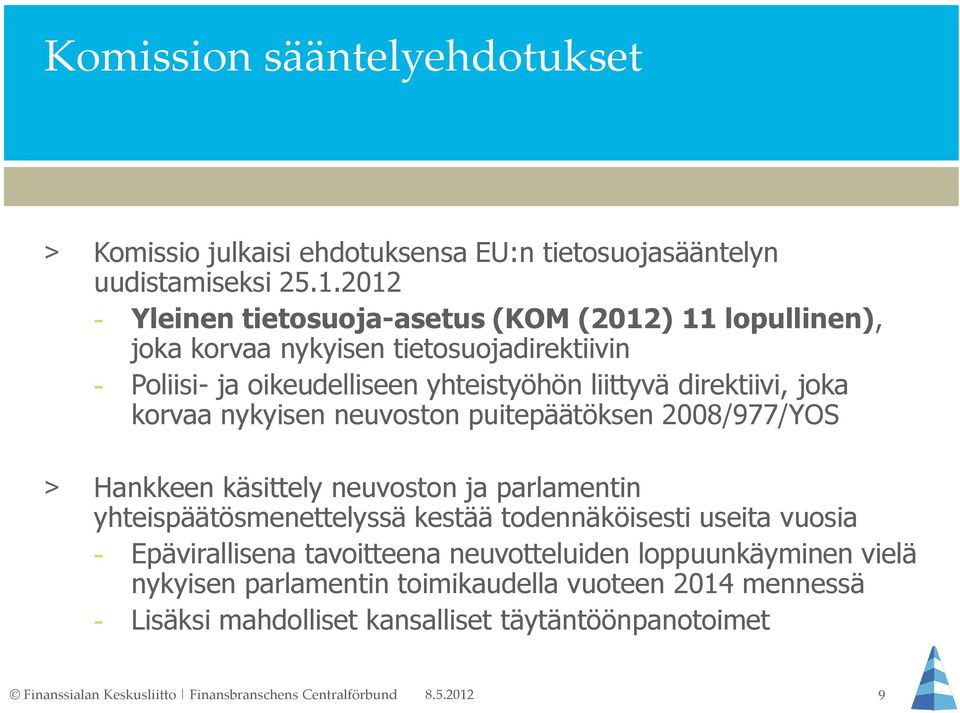 direktiivi, joka korvaa nykyisen neuvoston puitepäätöksen 2008/977/YOS > Hankkeen käsittely neuvoston ja parlamentin yhteispäätösmenettelyssä kestää