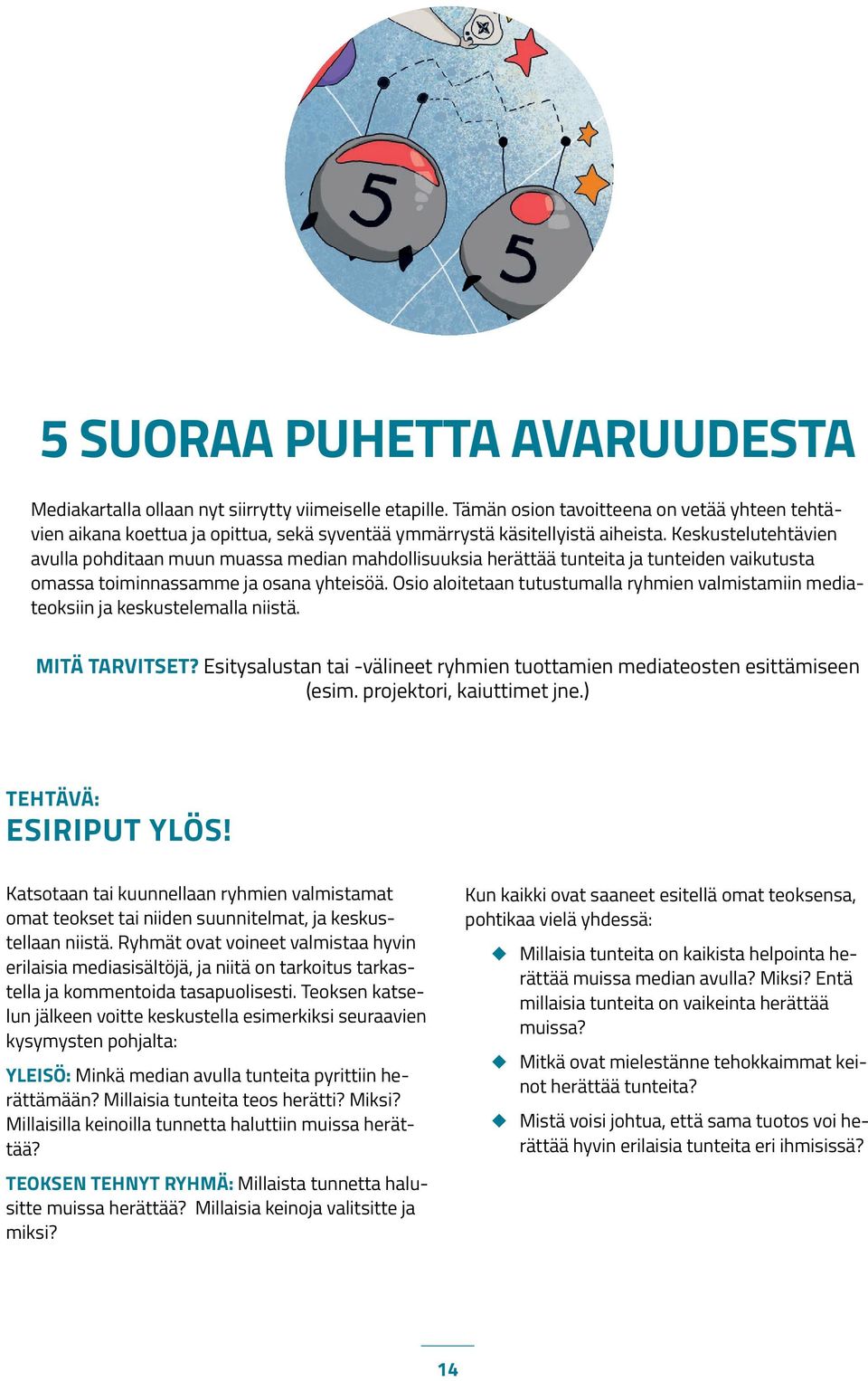 Keskustelutehtävien avulla pohditaan muun muassa median mahdollisuuksia herättää tunteita ja tunteiden vaikutusta omassa toiminnassamme ja osana yhteisöä.