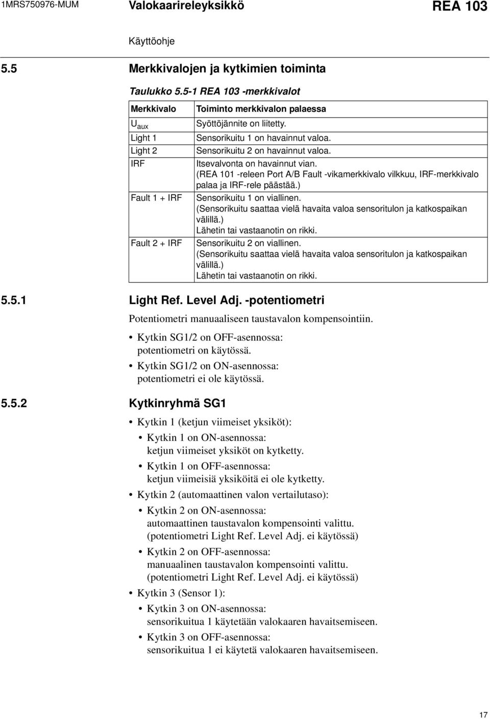 Sensorikuitu 2 on havainnut valoa. Itsevalvonta on havainnut vian. (REA 101 -releen Port A/B Fault -vikamerkkivalo vilkkuu, IRF-merkkivalo palaa ja IRF-rele päästää.) Sensorikuitu 1 on viallinen.