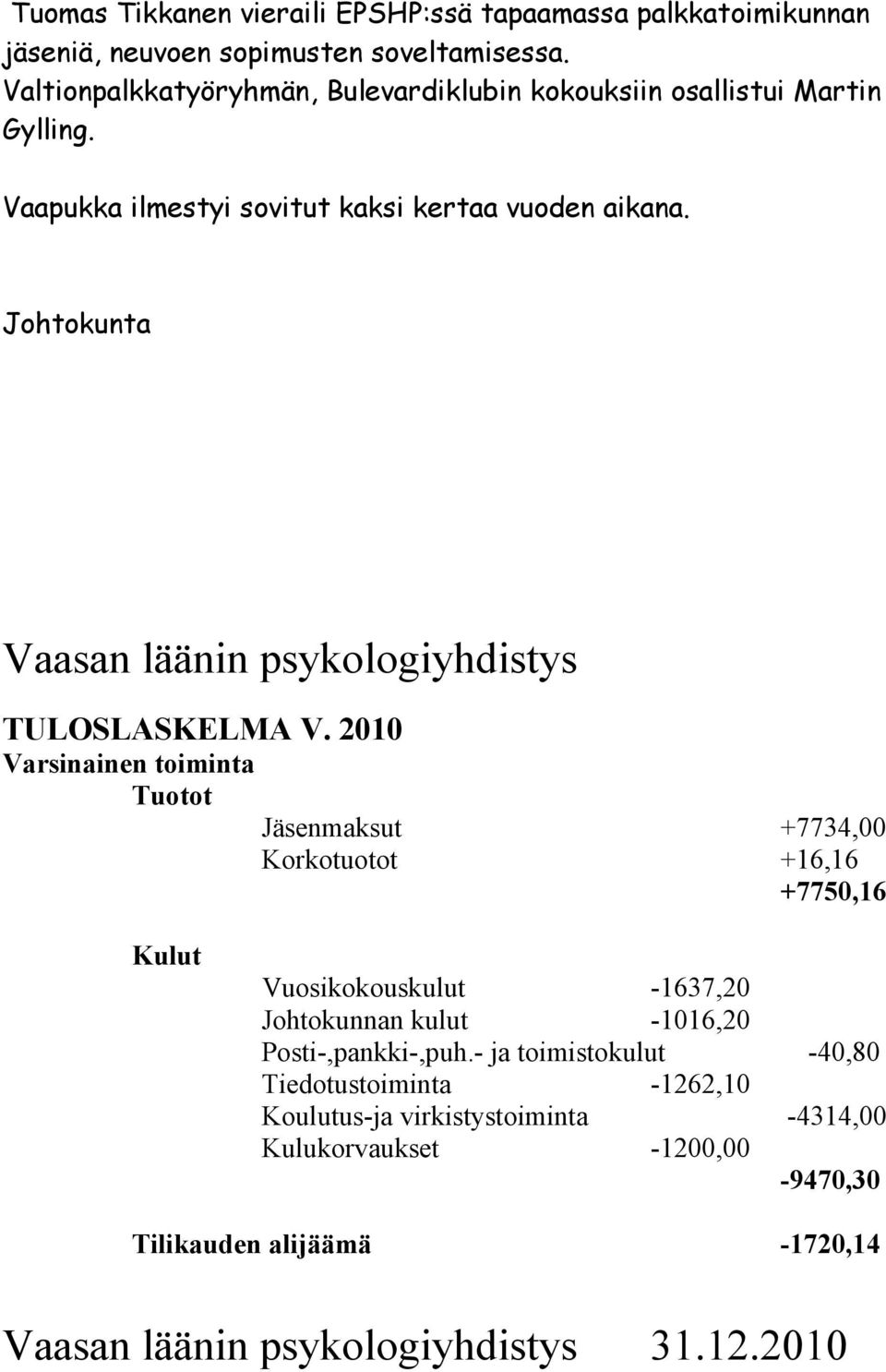 Johtokunta Vaasan läänin psykologiyhdistys TULOSLASKELMA V.