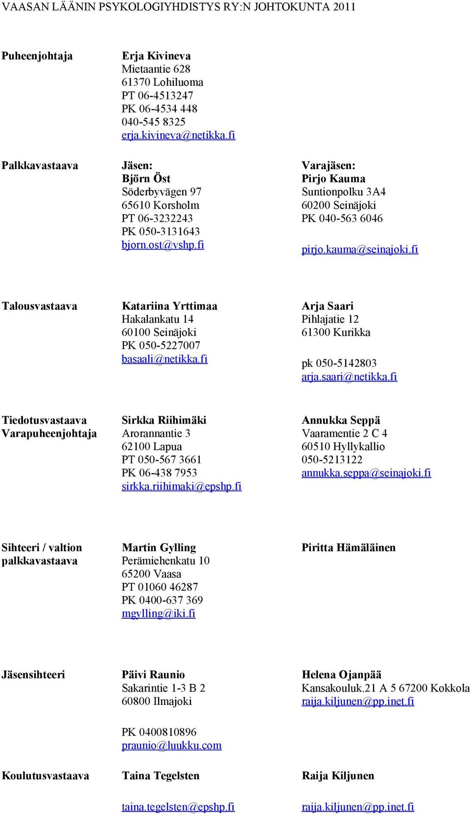 fi Talousvastaava Katariina Yrttimaa Hakalankatu 14 60100 Seinäjoki PK 050-5227007 basaali@netikka.fi Arja Saari Pihlajatie 12 61300 Kurikka pk 050-5142803 arja.saari@netikka.
