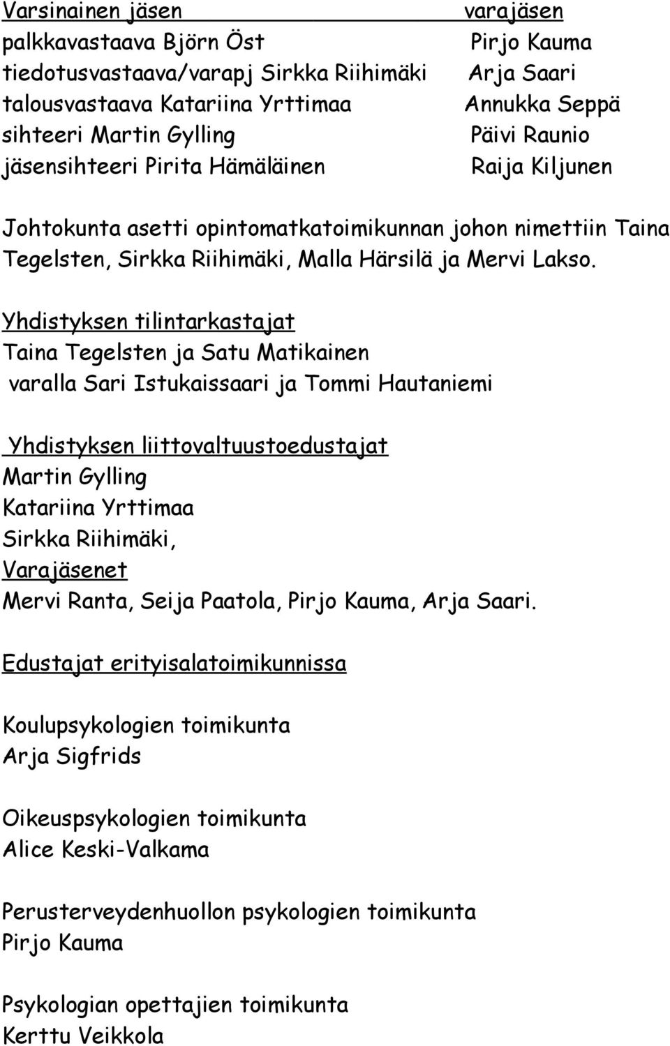 Yhdistyksen tilintarkastajat Taina Tegelsten ja Satu Matikainen varalla Sari Istukaissaari ja Tommi Hautaniemi Yhdistyksen liittovaltuustoedustajat Martin Gylling Katariina Yrttimaa Sirkka Riihimäki,