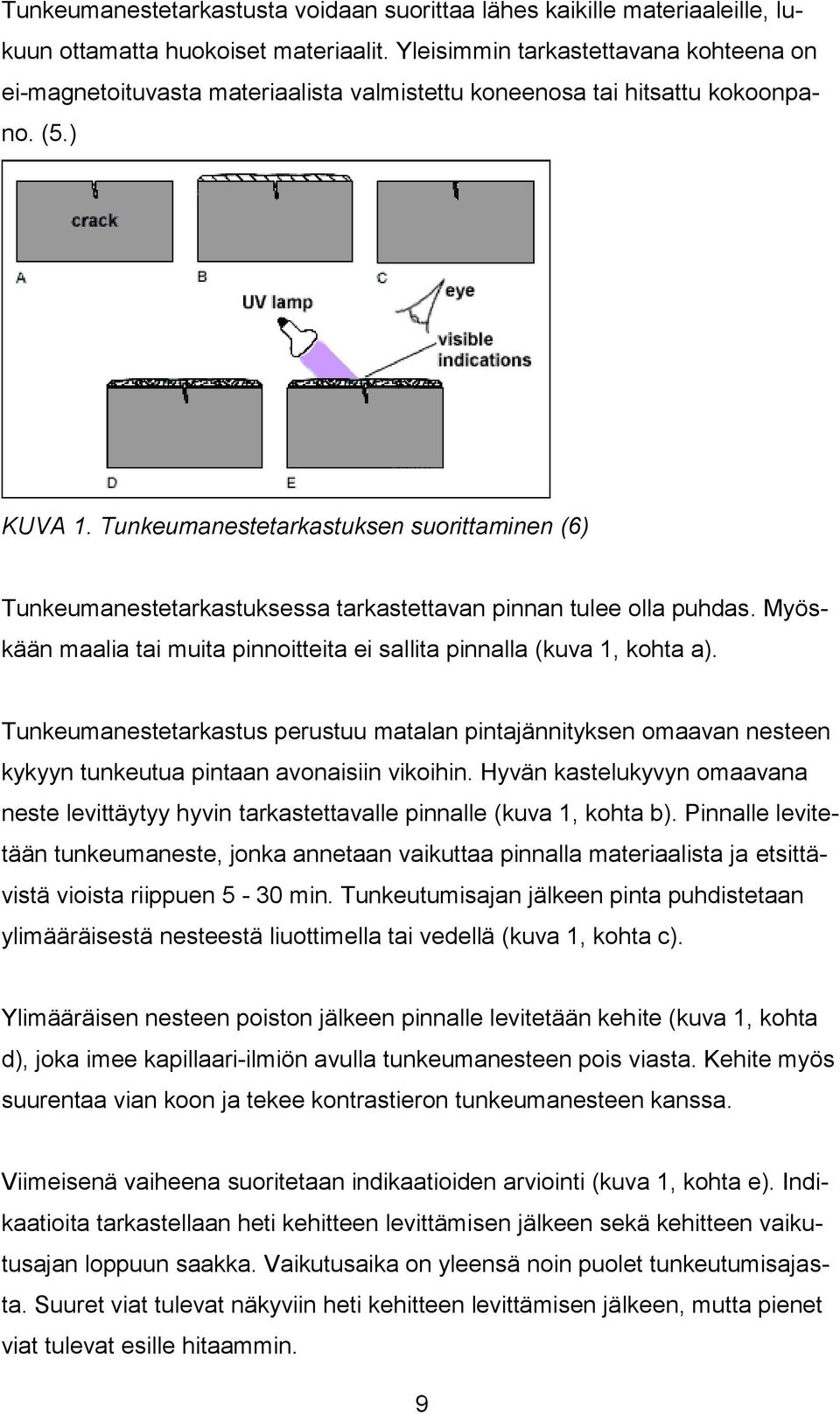 Tunkeumanestetarkastuksen suorittaminen (6) Tunkeumanestetarkastuksessa tarkastettavan pinnan tulee olla puhdas. Myöskään maalia tai muita pinnoitteita ei sallita pinnalla (kuva 1, kohta a).